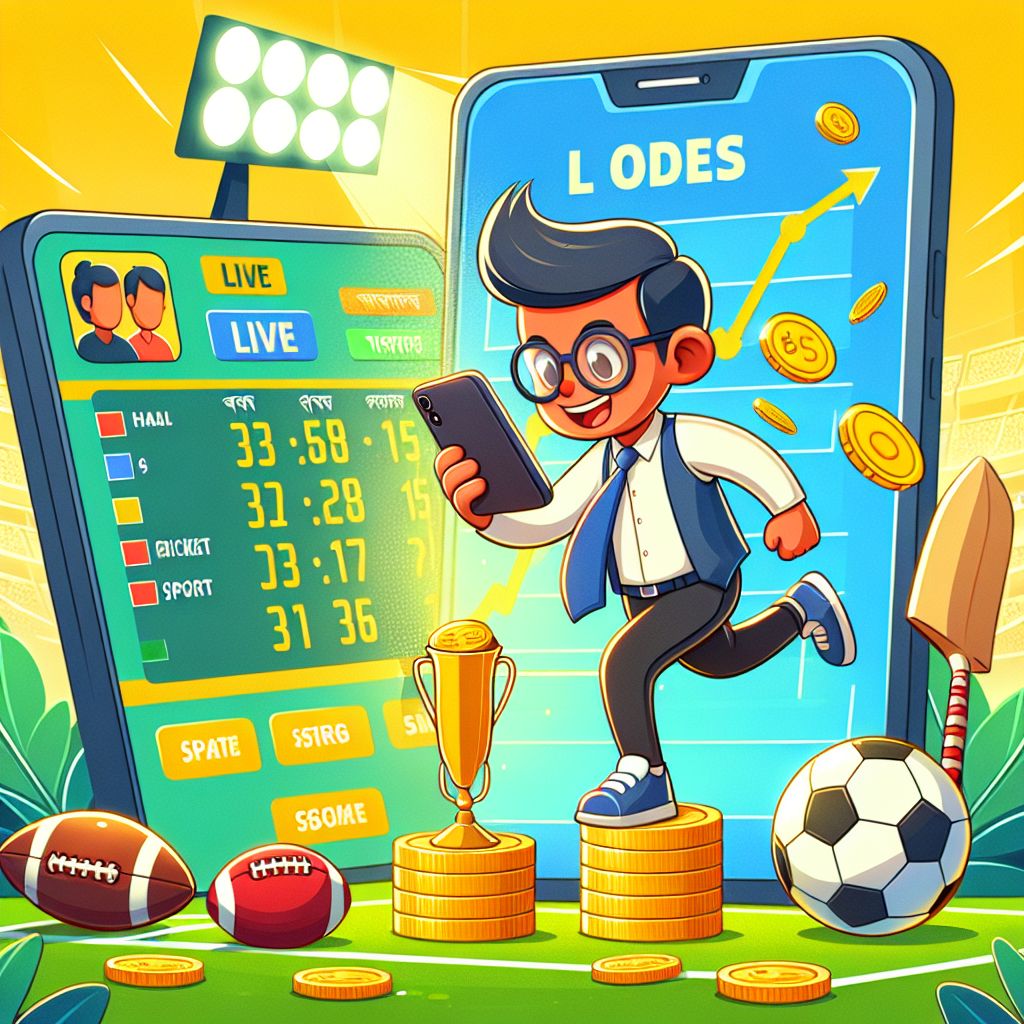 Cartoon sports fan with a phone showing odds and a cricket ball and football nearby