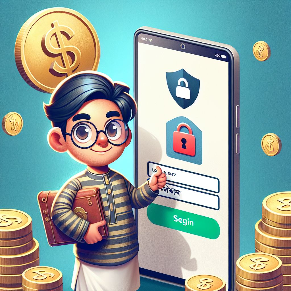 Cartoon character holding a phone with a secure login screen and shield icon