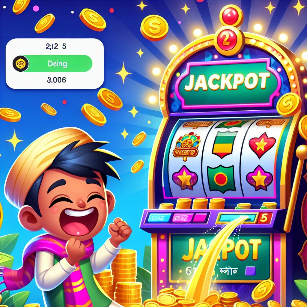 Cartoon Bangladeshi player celebrating a slot win with coins and reels
